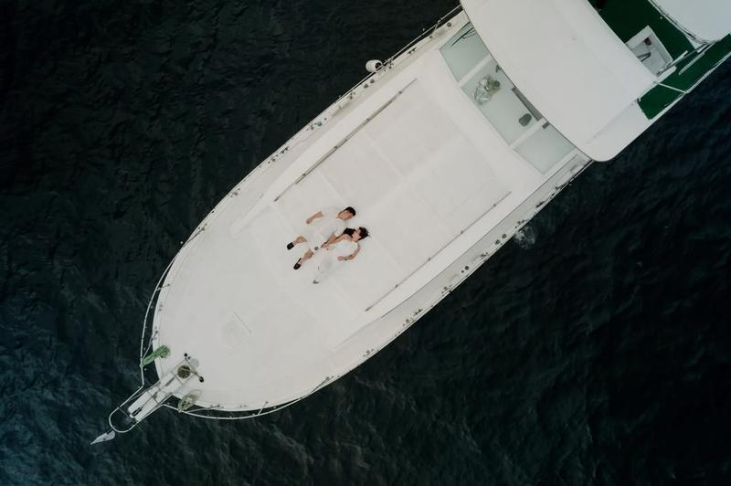 Aerial view of a yacht underway